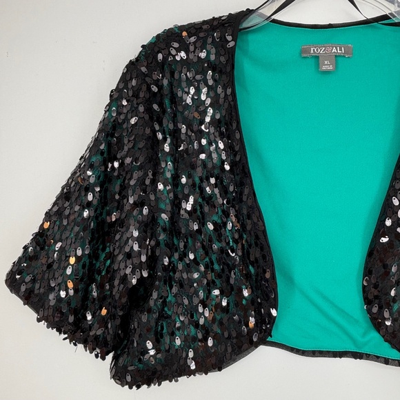 Roz & Ali Womens XL Large Cropped Bolero Open Front Jacket Green Black Sequins - Picture 2 of 8